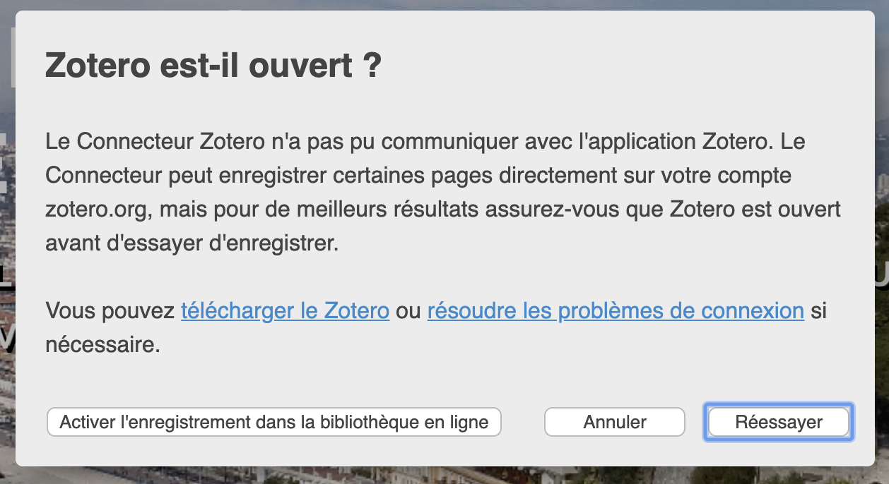 boite de dialogue pour ouverture connecteur zotero