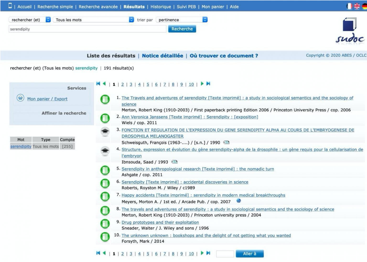 resultats recherche serendipity sudoc